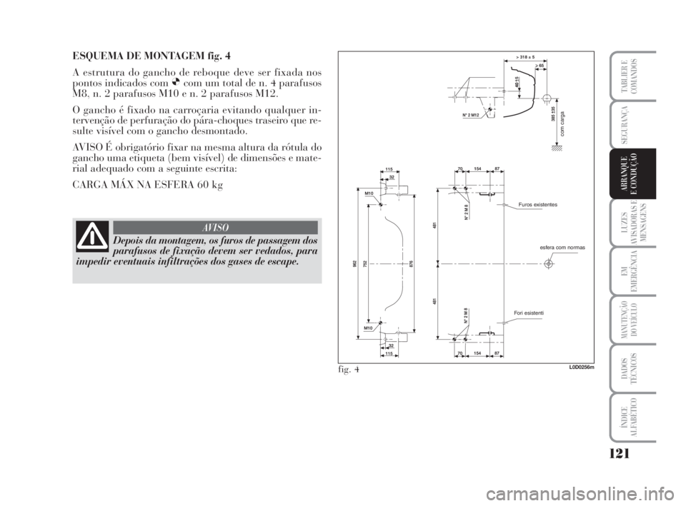 Lancia Musa 2009 Manual de Uso e Manutenção (in Portuguese) 121
LUZES
AVISADORAS E
MENSAGENS
EM
EMERGÊNCIA
MANUTENÇÃO
DO VEÍCULO
DADOS
TÉCNICOS
ÍNDICE
ALFABÉTICO
TABLIER E
COMANDOS
SEGURANÇA
ARRANQUE
E CONDUÇÃO
com carga
esfera com normas Furos exist Lancia Musa 2009 Manual de Uso e Manutenção (in Portuguese) 121
LUZES
AVISADORAS E
MENSAGENS
EM
EMERGÊNCIA
MANUTENÇÃO
DO VEÍCULO
DADOS
TÉCNICOS
ÍNDICE
ALFABÉTICO
TABLIER E
COMANDOS
SEGURANÇA
ARRANQUE
E CONDUÇÃO
com carga
esfera com normas Furos exist