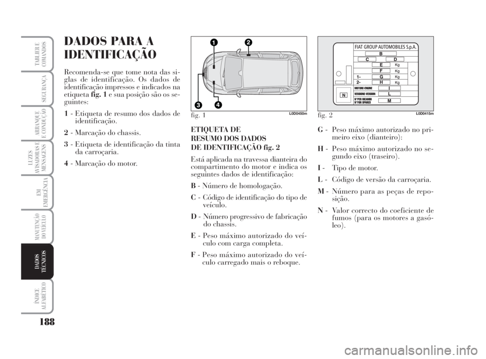 Lancia Musa 2009 Manual de Uso e Manutenção (in Portuguese) MANUTENÇÃO
DO VEÍCULO
188
LUZES
AVISADORAS E
MENSAGENS
ÍNDICE
ALFABÉTICO
TABLIER E
COMANDOS
SEGURANÇA
ARRANQUE
E CONDUÇÃO
EM
EMERGÊNCIA
DADOS
TÉCNICOS
DADOS PARA A
IDENTIFICAÇÃO
Recomenda- Lancia Musa 2009 Manual de Uso e Manutenção (in Portuguese) MANUTENÇÃO
DO VEÍCULO
188
LUZES
AVISADORAS E
MENSAGENS
ÍNDICE
ALFABÉTICO
TABLIER E
COMANDOS
SEGURANÇA
ARRANQUE
E CONDUÇÃO
EM
EMERGÊNCIA
DADOS
TÉCNICOS
DADOS PARA A
IDENTIFICAÇÃO
Recomenda-
