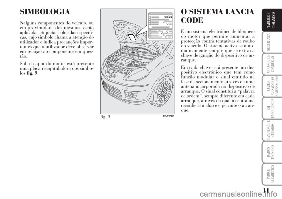 Lancia Musa 2010  Manual de Uso e Manutenção (in Portuguese) 11
SEGURANÇA
ARRANQUE E
CONDUÇÃO
LUZES
AVISADORAS
E MENSAGENS
EM
EMERGÊNCIA
MANUTENÇÃO E
CUIDADOS
DADOS
TÉCNICOS
ÍNDICE
ALFABÉTICO
TABLIER E
COMANDOS
SIMBOLOGIA
Nalguns componentes do veícul