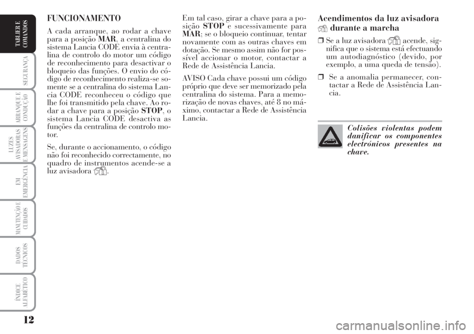 Lancia Musa 2010  Manual de Uso e Manutenção (in Portuguese) 12
SEGURANÇA
ARRANQUE E
CONDUÇÃO
LUZES
AVISADORAS
E MENSAGENS
EM
EMERGÊNCIA
MANUTENÇÃO E
CUIDADOS
DADOS
TÉCNICOS
ÍNDICE
ALFABÉTICO
TABLIER E
COMANDOS
Acendimentos da luz avisadora
Ydurante a 