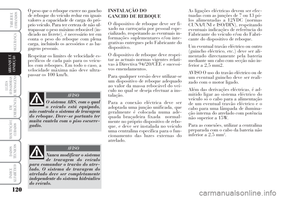 Lancia Musa 2010 Manual de Uso e Manutenção (in Portuguese) 120
LUZES
AVISADORAS
E MENSAGENS
EM
EMERGÊNCIA
MANUTENÇÃO E
CUIDADOS
DADOS
TÉCNICOS
ÍNDICE
ALFABÉTICO
TABLIER E
COMANDOS
SEGURANÇA
ARRANQUE E
CONDUÇÃO
O peso que o reboque exerce no gancho
de Lancia Musa 2010 Manual de Uso e Manutenção (in Portuguese) 120
LUZES
AVISADORAS
E MENSAGENS
EM
EMERGÊNCIA
MANUTENÇÃO E
CUIDADOS
DADOS
TÉCNICOS
ÍNDICE
ALFABÉTICO
TABLIER E
COMANDOS
SEGURANÇA
ARRANQUE E
CONDUÇÃO
O peso que o reboque exerce no gancho
de