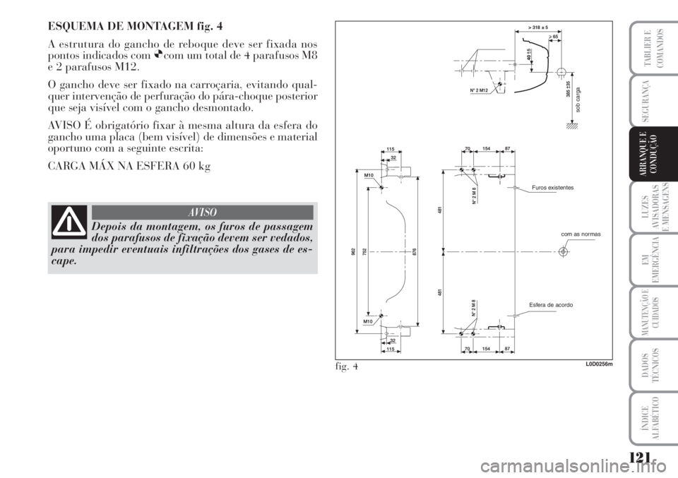 Lancia Musa 2010 Manual de Uso e Manutenção (in Portuguese) 121
LUZES
AVISADORAS
E MENSAGENS
EM
EMERGÊNCIA
MANUTENÇÃO E
CUIDADOS
DADOS
TÉCNICOS
ÍNDICE
ALFABÉTICO
TABLIER E
COMANDOS
SEGURANÇA
ARRANQUE E
CONDUÇÃO
sob carga
com as normas Furos existentes Lancia Musa 2010 Manual de Uso e Manutenção (in Portuguese) 121
LUZES
AVISADORAS
E MENSAGENS
EM
EMERGÊNCIA
MANUTENÇÃO E
CUIDADOS
DADOS
TÉCNICOS
ÍNDICE
ALFABÉTICO
TABLIER E
COMANDOS
SEGURANÇA
ARRANQUE E
CONDUÇÃO
sob carga
com as normas Furos existentes