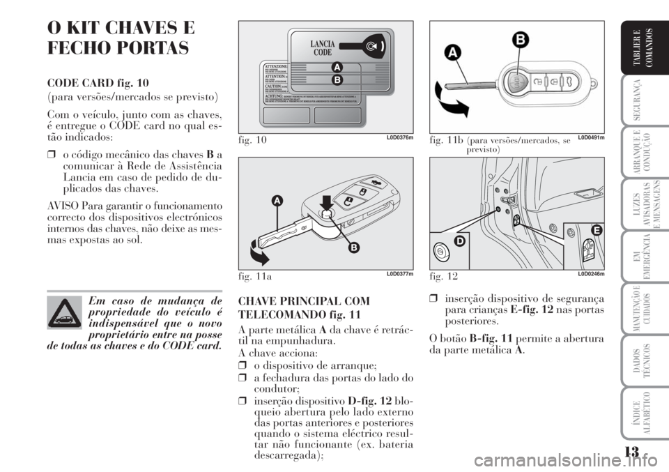 Lancia Musa 2010  Manual de Uso e Manutenção (in Portuguese) 13
SEGURANÇA
ARRANQUE E
CONDUÇÃO
LUZES
AVISADORAS
E MENSAGENS
EM
EMERGÊNCIA
MANUTENÇÃO E
CUIDADOS
DADOS
TÉCNICOS
ÍNDICE
ALFABÉTICO
TABLIER E
COMANDOS
O KIT CHAVES E
FECHO PORTAS
CODE CARD fig