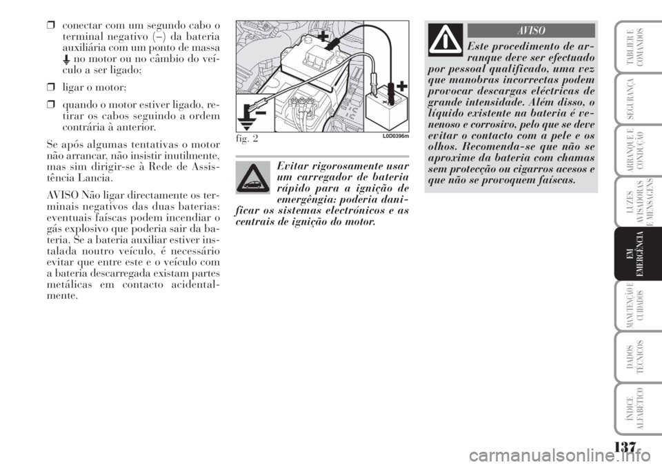 Lancia Musa 2010  Manual de Uso e Manutenção (in Portuguese) 137
LUZES
AVISADORAS
E MENSAGENS
MANUTENÇÃO E
CUIDADOS
DADOS
TÉCNICOS
ÍNDICE
ALFABÉTICO
TABLIER E
COMANDOS
SEGURANÇA
ARRANQUE E
CONDUÇÃO
EM
EMERGÊNCIA
❒conectar com um segundo cabo o
termin
