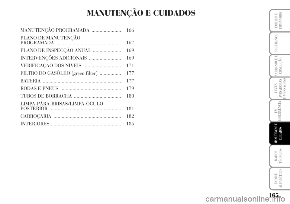 Lancia Musa 2010  Manual de Uso e Manutenção (in Portuguese) 165
LUZES
AVISADORAS
E MENSAGENS
DADOS
TÉCNICOS
ÍNDICE
ALFABÉTICO
TABLIER E
COMANDOS
SEGURANÇA
AARRANQUE E
CONDUÇÃO
EM
EMERGÊNCIA
MANUTENÇÃO E
CUIDADOS
MANUTENÇÃO E CUIDADOS
MANUTENÇÃO PR