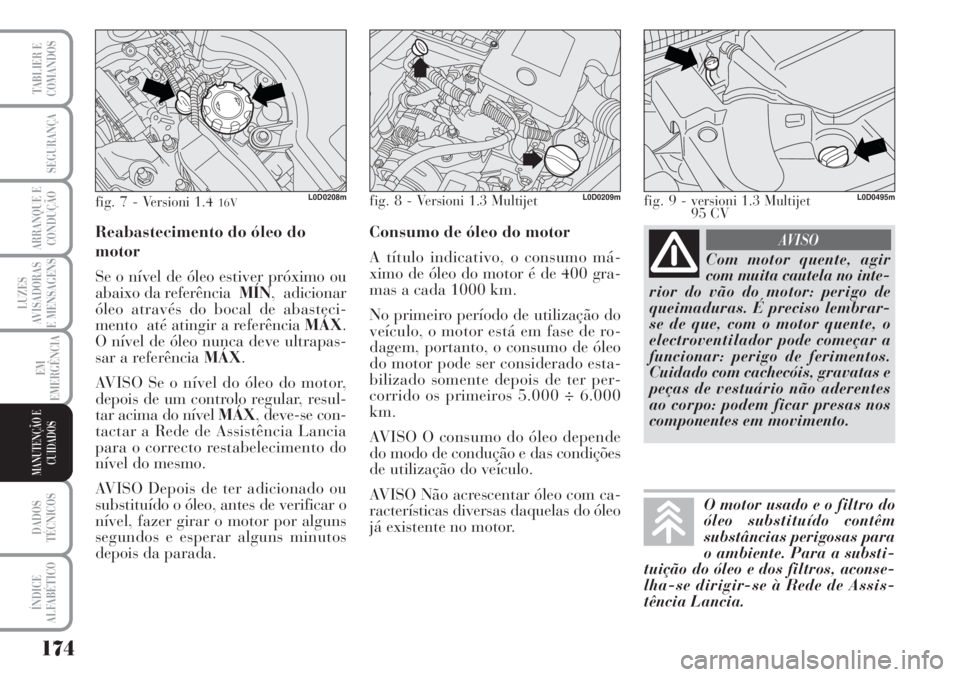 Lancia Musa 2010  Manual de Uso e Manutenção (in Portuguese) 174
LUZES
AVISADORAS
E MENSAGENS
DADOS
TÉCNICOS
ÍNDICE
ALFABÉTICO
TABLIER E
COMANDOS
SEGURANÇA
ARRANQUE E
CONDUÇÃO
EM
EMERGÊNCIA
MANUTENÇÃO E
CUIDADOS
Com motor quente, agir
com muita cautela