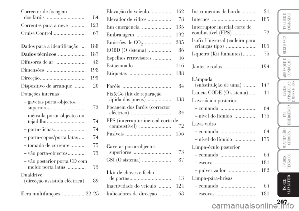 Lancia Musa 2010  Manual de Uso e Manutenção (in Portuguese) 207
LUZES
AVISADORAS
E MENSAGENS
TABLIER E
COMANDOS
SEGURANÇA
ARRANQUE E
CONDUÇÃO
EM
EMERGÊNCIA
MANUTENÇÃO E
CUIDADOS
DADOS
TÉCNICOS
ÍNDICE
ALFABÉTICO
Corrector de focagem 
dos faróis  .....