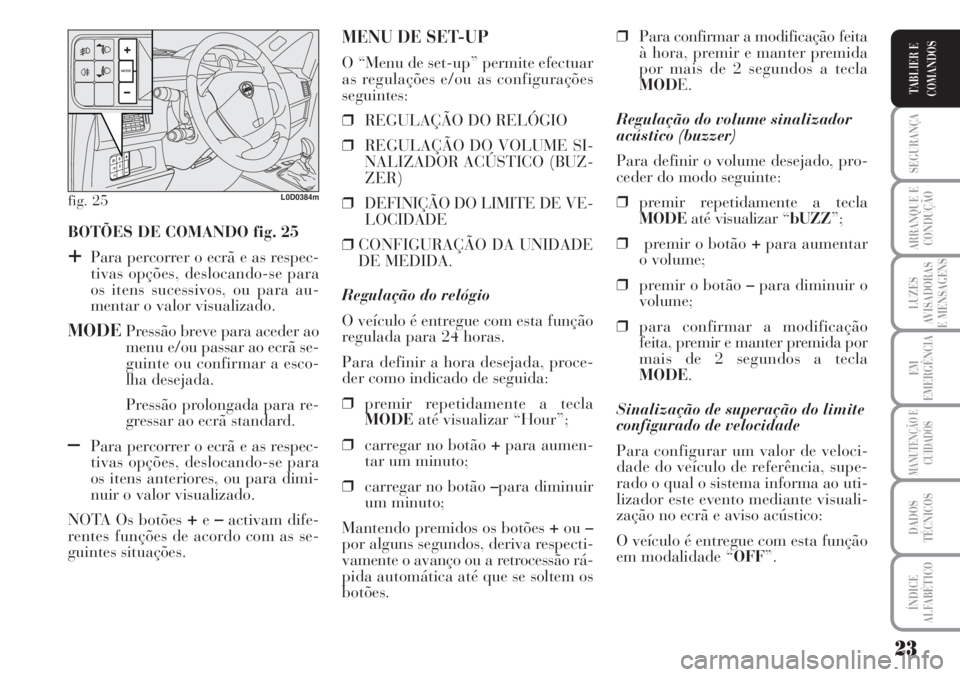 Lancia Musa 2010  Manual de Uso e Manutenção (in Portuguese) 23
SEGURANÇA
ARRANQUE E
CONDUÇÃO
LUZES
AVISADORAS
E MENSAGENS
EM
EMERGÊNCIA
MANUTENÇÃO E
CUIDADOS
DADOS
TÉCNICOS
ÍNDICE
ALFABÉTICO
TABLIER E
COMANDOS
BOTÕES DE COMANDO fig. 25
+Para percorre