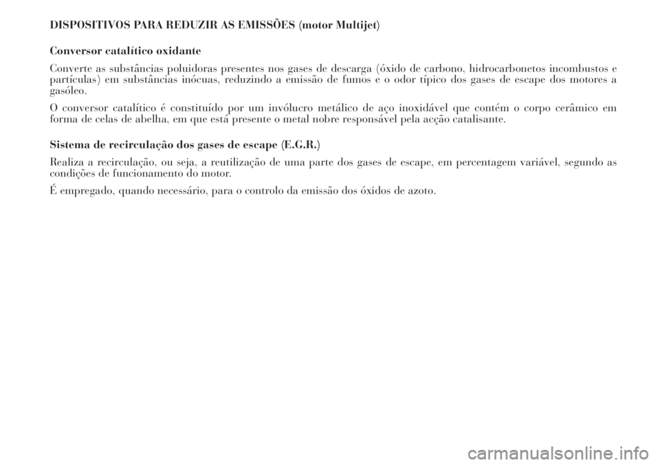 Lancia Musa 2010  Manual de Uso e Manutenção (in Portuguese) DISPOSITIVOS PARA REDUZIR AS EMISSÕES (motor Multijet)
Conversor catalítico oxidante
Converte as substâncias poluidoras presentes nos gases de descarga (óxido de carbono, hidrocarbonetos incombust