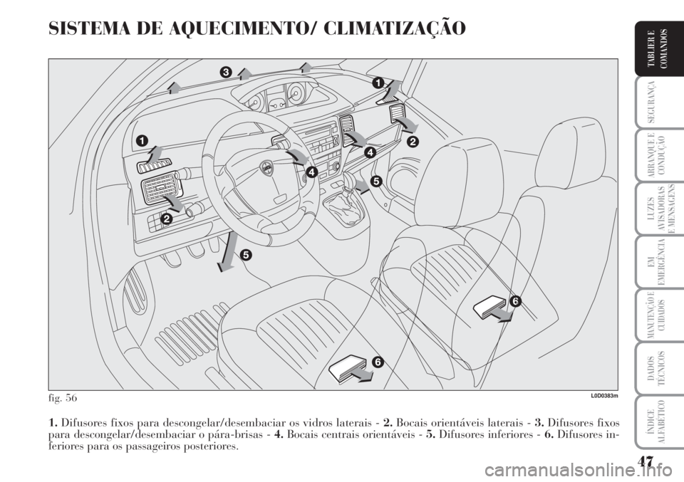 Lancia Musa 2010 Manual de Uso e Manutenção (in Portuguese) 47
SEGURANÇA
ARRANQUE E
CONDUÇÃO
LUZES
AVISADORAS
E MENSAGENS
EM
EMERGÊNCIA
MANUTENÇÃO E
CUIDADOS
DADOS
TÉCNICOS
ÍNDICE
ALFABÉTICO
TABLIER E
COMANDOS
SISTEMA DE AQUECIMENTO/ CLIMATIZAÇÃO
fi Lancia Musa 2010 Manual de Uso e Manutenção (in Portuguese) 47
SEGURANÇA
ARRANQUE E
CONDUÇÃO
LUZES
AVISADORAS
E MENSAGENS
EM
EMERGÊNCIA
MANUTENÇÃO E
CUIDADOS
DADOS
TÉCNICOS
ÍNDICE
ALFABÉTICO
TABLIER E
COMANDOS
SISTEMA DE AQUECIMENTO/ CLIMATIZAÇÃO
fi