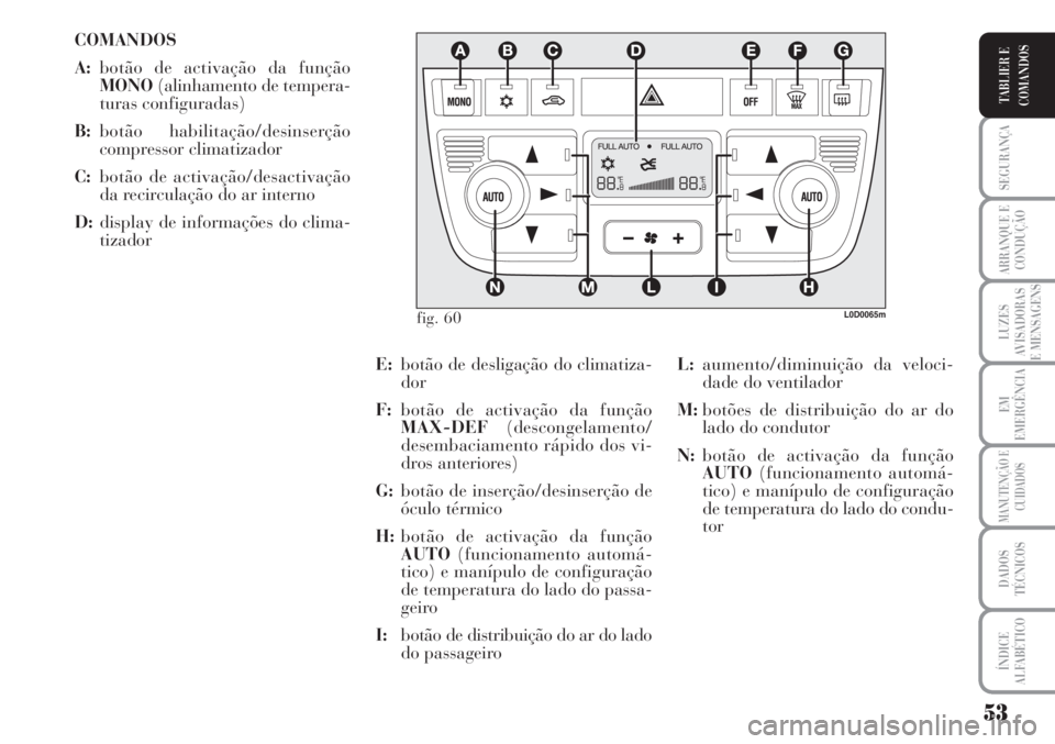 Lancia Musa 2010  Manual de Uso e Manutenção (in Portuguese) 53
SEGURANÇA
ARRANQUE E
CONDUÇÃO
LUZES
AVISADORAS
E MENSAGENS
EM
EMERGÊNCIA
MANUTENÇÃO E
CUIDADOS
DADOS
TÉCNICOS
ÍNDICE
ALFABÉTICO
TABLIER E
COMANDOS
COMANDOS
A:botão de activação da funç