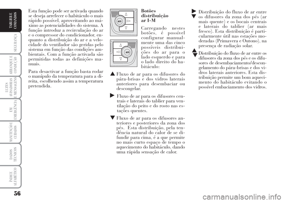 Lancia Musa 2010  Manual de Uso e Manutenção (in Portuguese) 56
SEGURANÇA
ARRANQUE E
CONDUÇÃO
LUZES
AVISADORAS
E MENSAGENS
EM
EMERGÊNCIA
MANUTENÇÃO E
CUIDADOS
DADOS
TÉCNICOS
ÍNDICE
ALFABÉTICO
TABLIER E
COMANDOS
˙
▼Distribuição do fluxo de ar entre