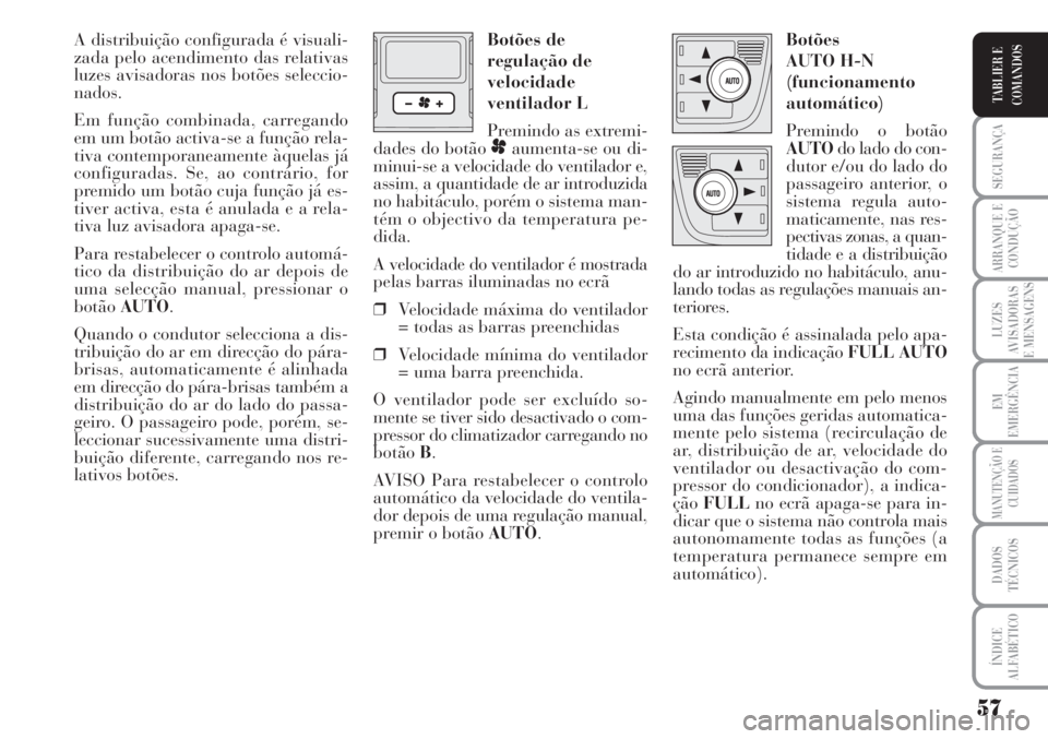 Lancia Musa 2010  Manual de Uso e Manutenção (in Portuguese) 57
SEGURANÇA
ARRANQUE E
CONDUÇÃO
LUZES
AVISADORAS
E MENSAGENS
EM
EMERGÊNCIA
MANUTENÇÃO E
CUIDADOS
DADOS
TÉCNICOS
ÍNDICE
ALFABÉTICO
TABLIER E
COMANDOS
A distribuição configurada é visuali-
