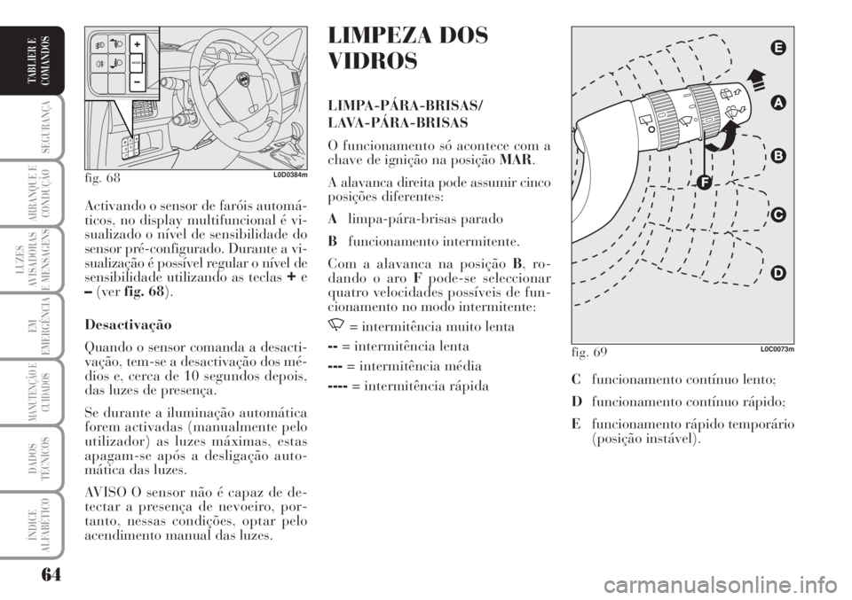 Lancia Musa 2010  Manual de Uso e Manutenção (in Portuguese) 64
SEGURANÇA
ARRANQUE E
CONDUÇÃO
LUZES
AVISADORAS
E MENSAGENS
EM
EMERGÊNCIA
MANUTENÇÃO E
CUIDADOS
DADOS
TÉCNICOS
ÍNDICE
ALFABÉTICO
TABLIER E
COMANDOS
LIMPEZA DOS
VIDROS
LIMPA-PÁRA-BRISAS/
LA