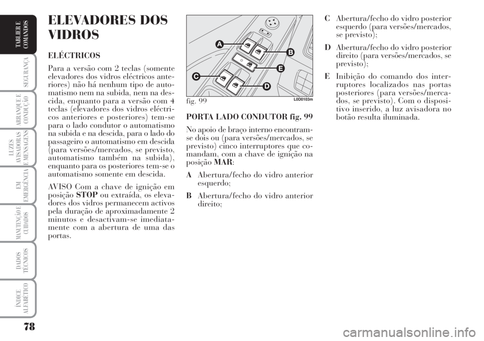 Lancia Musa 2010  Manual de Uso e Manutenção (in Portuguese) 78
SEGURANÇA
ARRANQUE E
CONDUÇÃO
LUZES
AVISADORAS
E MENSAGENS
EM
EMERGÊNCIA
MANUTENÇÃO E
CUIDADOS
DADOS
TÉCNICOS
ÍNDICE
ALFABÉTICO
TABLIER E
COMANDOS
PORTA LADO CONDUTOR fig. 99
No apoio de b