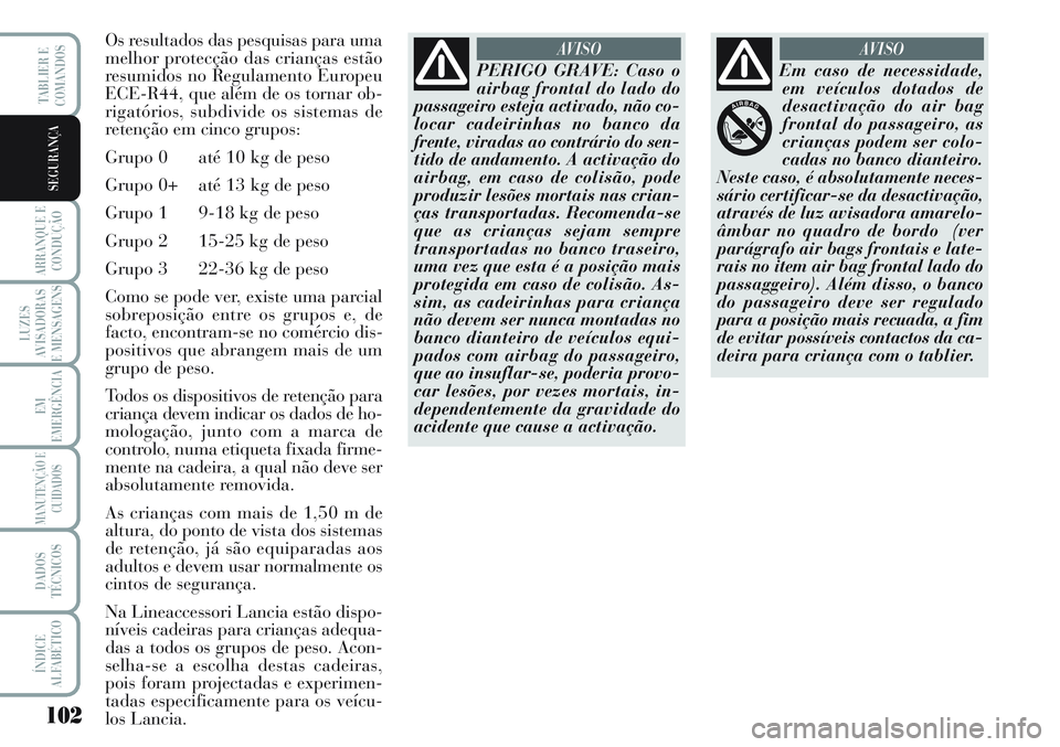Lancia Musa 2012  Manual de Uso e Manutenção (in Portuguese) 102
ARRANQUE E
CONDUÇÃO
LUZES
AVISADORAS
E MENSAGENS
EM
EMERGÊNCIA
MANUTENÇÃO E
CUIDADOS
DADOS
TÉCNICOS
ÍNDICE
ALFABÉTICO
TABLIER E
COMANDOS
SEGURANÇA
Os resultados das pesquisas para uma
mel