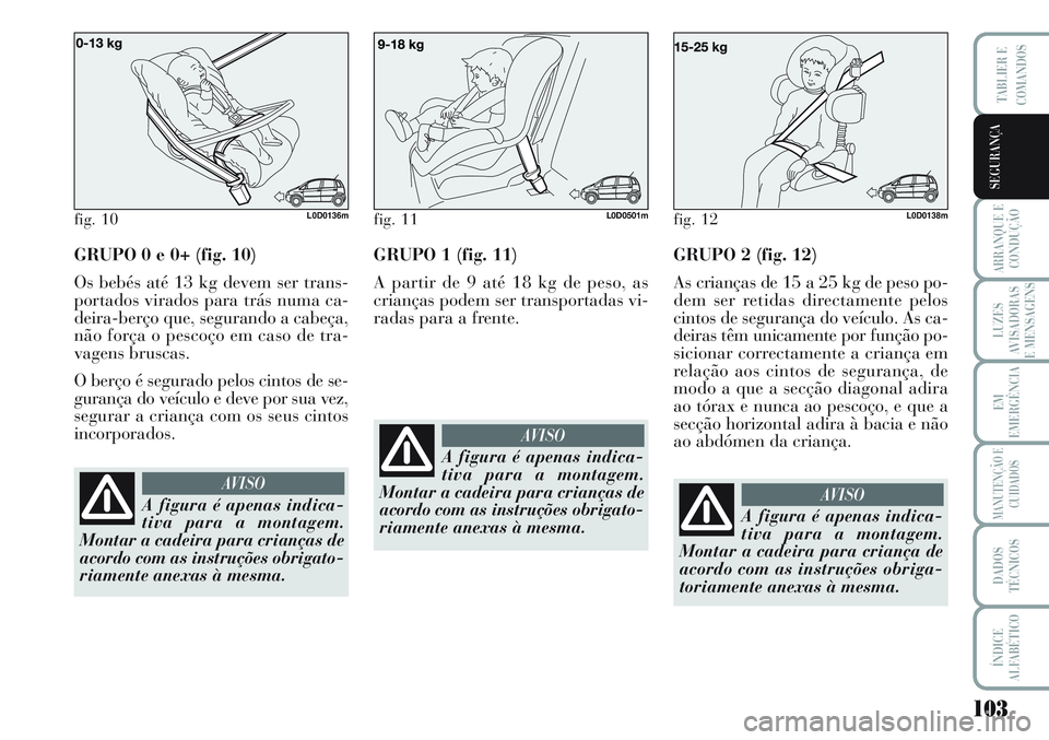Lancia Musa 2012  Manual de Uso e Manutenção (in Portuguese) 103
ARRANQUE E
CONDUÇÃO
LUZES
AVISADORAS
E MENSAGENS
EM
EMERGÊNCIA
MANUTENÇÃO E
CUIDADOS
DADOS
TÉCNICOS
ÍNDICE
ALFABÉTICO
TABLIER E
COMANDOS
SEGURANÇA
GRUPO 0 e 0+ (fig. 10)
Os bebés até 13