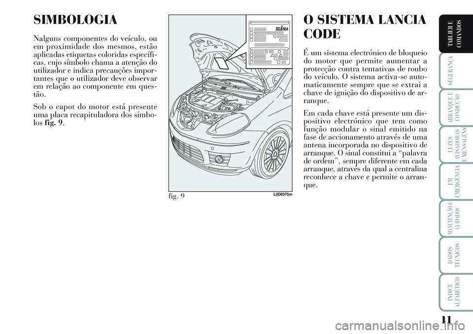 Lancia Musa 2012  Manual de Uso e Manutenção (in Portuguese) 11
SEGURANÇA
ARRANQUE E
CONDUÇÃO
LUZES
AVISADORAS
E MENSAGENS
EM
EMERGÊNCIA
MANUTENÇÃO E
CUIDADOS
DADOS
TÉCNICOS
ÍNDICE
ALFABÉTICO
TABLIER E
COMANDOS
SIMBOLOGIA
Nalguns componentes do veícul