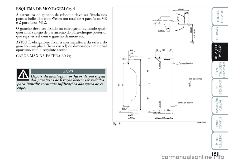 Lancia Musa 2012 Manual de Uso e Manutenção (in Portuguese) 121
LUZES
AVISADORAS
E MENSAGENS
EM
EMERGÊNCIA
MANUTENÇÃO E
CUIDADOS
DADOS
TÉCNICOS
ÍNDICE
ALFABÉTICO
TABLIER E
COMANDOS
SEGURANÇA
ARRANQUE E
CONDUÇÃO
sob carga
com as normas Furos existentes Lancia Musa 2012 Manual de Uso e Manutenção (in Portuguese) 121
LUZES
AVISADORAS
E MENSAGENS
EM
EMERGÊNCIA
MANUTENÇÃO E
CUIDADOS
DADOS
TÉCNICOS
ÍNDICE
ALFABÉTICO
TABLIER E
COMANDOS
SEGURANÇA
ARRANQUE E
CONDUÇÃO
sob carga
com as normas Furos existentes