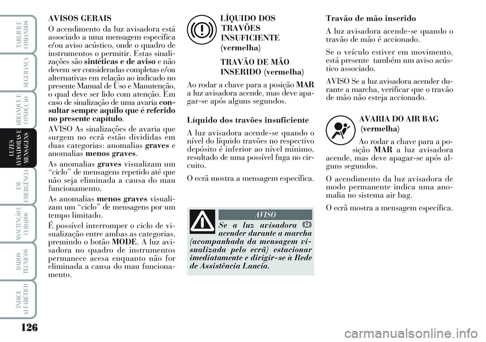 Lancia Musa 2012 Manual de Uso e Manutenção (in Portuguese) 126
EM
EMERGÊNCIA
MANUTENÇÃO E
CUIDADOS
DADOS
TÉCNICOS
ÍNDICE
ALFABÉTICO
TABLIER E
COMANDOS
SEGURANÇA
ARRANQUE E
CONDUÇÃO
LUZES
AVISADORAS E
MENSAGENS
AVISOS GERAIS
O acendimento da luz avisa Lancia Musa 2012 Manual de Uso e Manutenção (in Portuguese) 126
EM
EMERGÊNCIA
MANUTENÇÃO E
CUIDADOS
DADOS
TÉCNICOS
ÍNDICE
ALFABÉTICO
TABLIER E
COMANDOS
SEGURANÇA
ARRANQUE E
CONDUÇÃO
LUZES
AVISADORAS E
MENSAGENS
AVISOS GERAIS
O acendimento da luz avisa