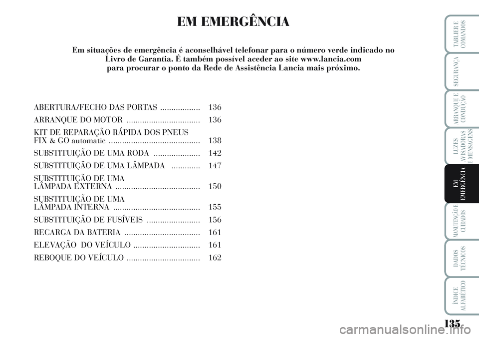 Lancia Musa 2012  Manual de Uso e Manutenção (in Portuguese) 135
LUZES
AVISADORAS
E MENSAGENS
MANUTENÇÃO E
CUIDADOS
DADOS
TÉCNICOS
ÍNDICE
ALFABÉTICO
TABLIER E
COMANDOS
SEGURANÇA
ARRANQUE E
CONDUÇÃO
EM
EMERGÊNCIA
EM EMERGÊNCIA
ABERTURA/FECHO DAS PORTAS