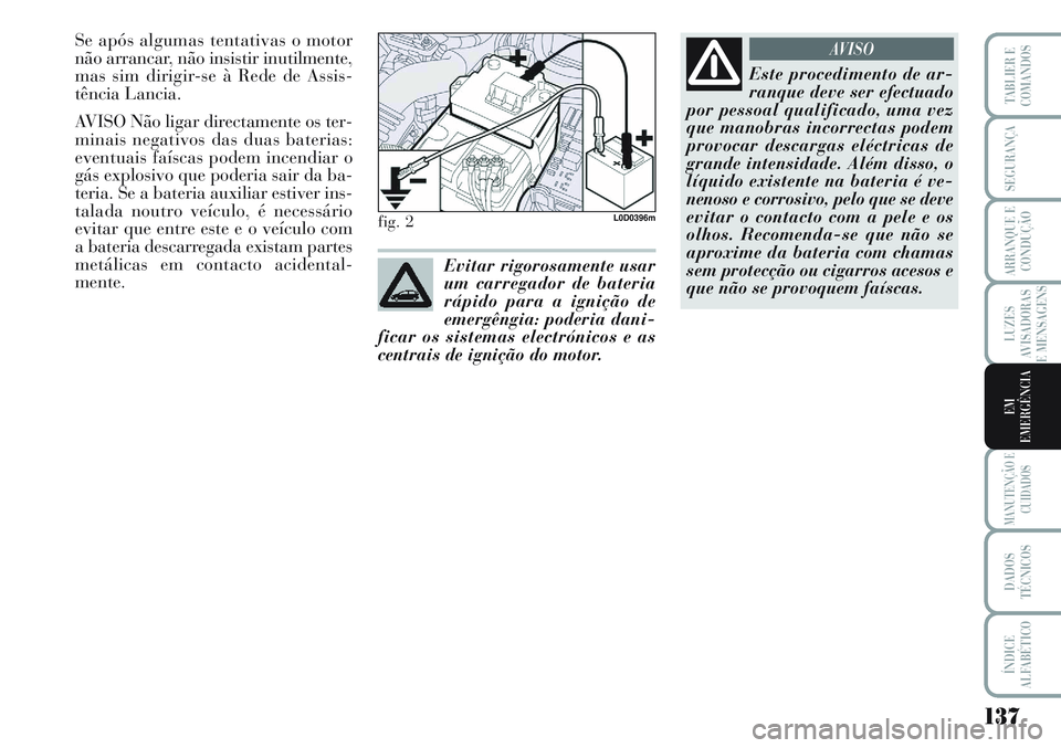 Lancia Musa 2012  Manual de Uso e Manutenção (in Portuguese) 137
LUZES
AVISADORAS
E MENSAGENS
MANUTENÇÃO E
CUIDADOS
DADOS
TÉCNICOS
ÍNDICE
ALFABÉTICO
TABLIER E
COMANDOS
SEGURANÇA
ARRANQUE E
CONDUÇÃO
EM
EMERGÊNCIA
Se após algumas tentativas o motor
não