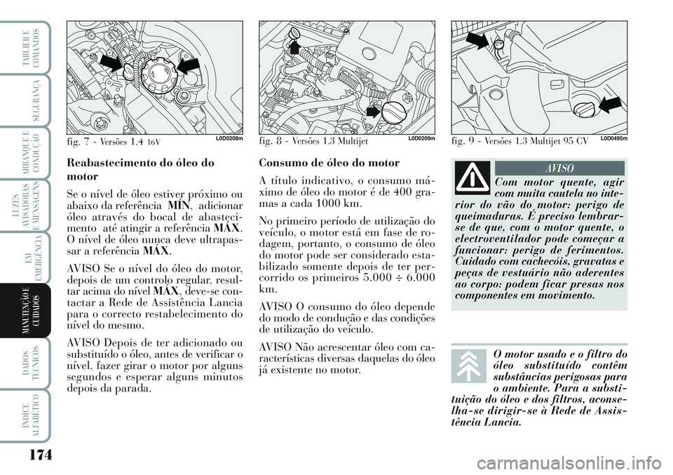 Lancia Musa 2012  Manual de Uso e Manutenção (in Portuguese) 174
LUZES
AVISADORAS
E MENSAGENS
DADOS
TÉCNICOS
ÍNDICE
ALFABÉTICO
TABLIER E
COMANDOS
SEGURANÇA
ARRANQUE E
CONDUÇÃO
EM
EMERGÊNCIA
MANUTENÇÃO E
CUIDADOS
Com motor quente, agir
com muita cautela