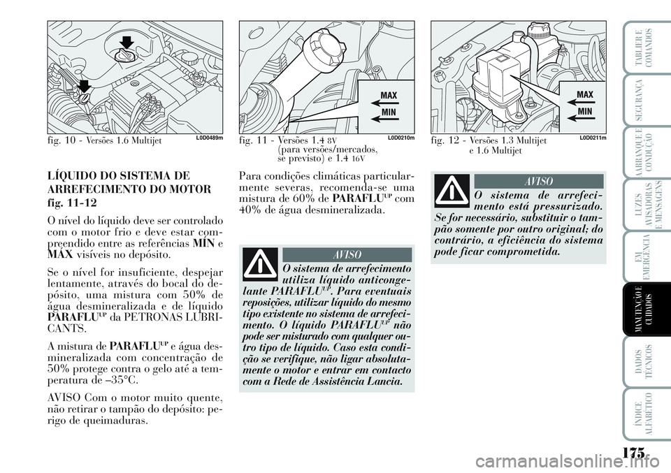 Lancia Musa 2012  Manual de Uso e Manutenção (in Portuguese) 175
LUZES
AVISADORAS
E MENSAGENS
DADOS
TÉCNICOS
ÍNDICE
ALFABÉTICO
TABLIER E
COMANDOS
SEGURANÇA
AARRANQUE E
CONDUÇÃO
EM
EMERGÊNCIA
MANUTENÇÃO E
CUIDADOS
LÍQUIDO DO SISTEMA DE
ARREFECIMENTO DO