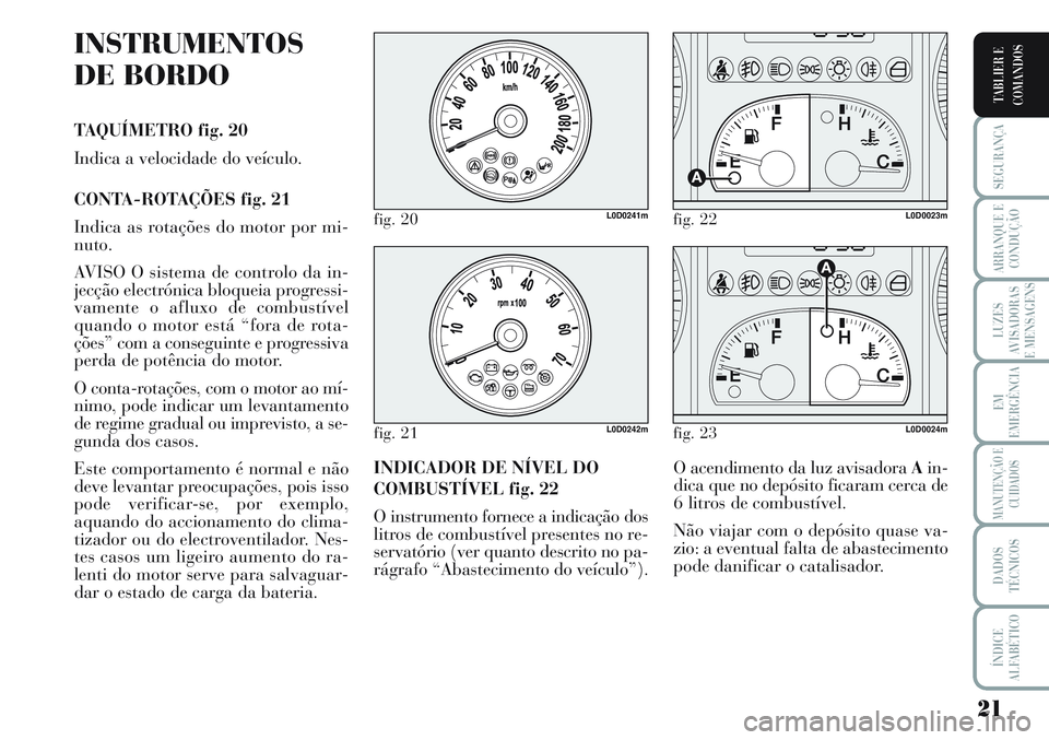 Lancia Musa 2011  Manual de Uso e Manutenção (in Portuguese) 21
SEGURANÇA
ARRANQUE E
CONDUÇÃO
LUZES
AVISADORAS
E MENSAGENS
EM
EMERGÊNCIA
MANUTENÇÃO E
CUIDADOS
DADOS
TÉCNICOS
ÍNDICE
ALFABÉTICO
TABLIER E
COMANDOS
INSTRUMENTOS
DE BORDO
TAQUÍMETRO fig. 20