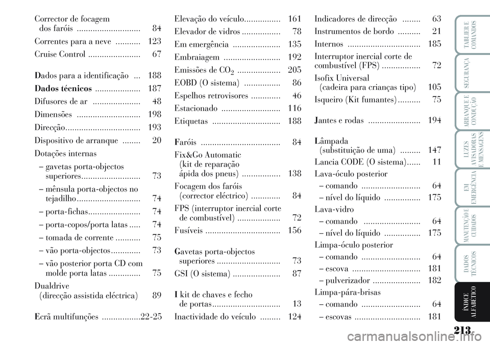Lancia Musa 2011 Manual de Uso e Manutenção (in Portuguese) 213
LUZES
AVISADORAS
E MENSAGENS
TABLIER E
COMANDOS
SEGURANÇA
ARRANQUE E
CONDUÇÃO
EM
EMERGÊNCIA
MANUTENÇÃO E
CUIDADOS
DADOS
TÉCNICOS
ÍNDICE
ALFABÉTICO
Corrector de focagem
dos faróis ..... Lancia Musa 2011 Manual de Uso e Manutenção (in Portuguese) 213
LUZES
AVISADORAS
E MENSAGENS
TABLIER E
COMANDOS
SEGURANÇA
ARRANQUE E
CONDUÇÃO
EM
EMERGÊNCIA
MANUTENÇÃO E
CUIDADOS
DADOS
TÉCNICOS
ÍNDICE
ALFABÉTICO
Corrector de focagem
dos faróis .....