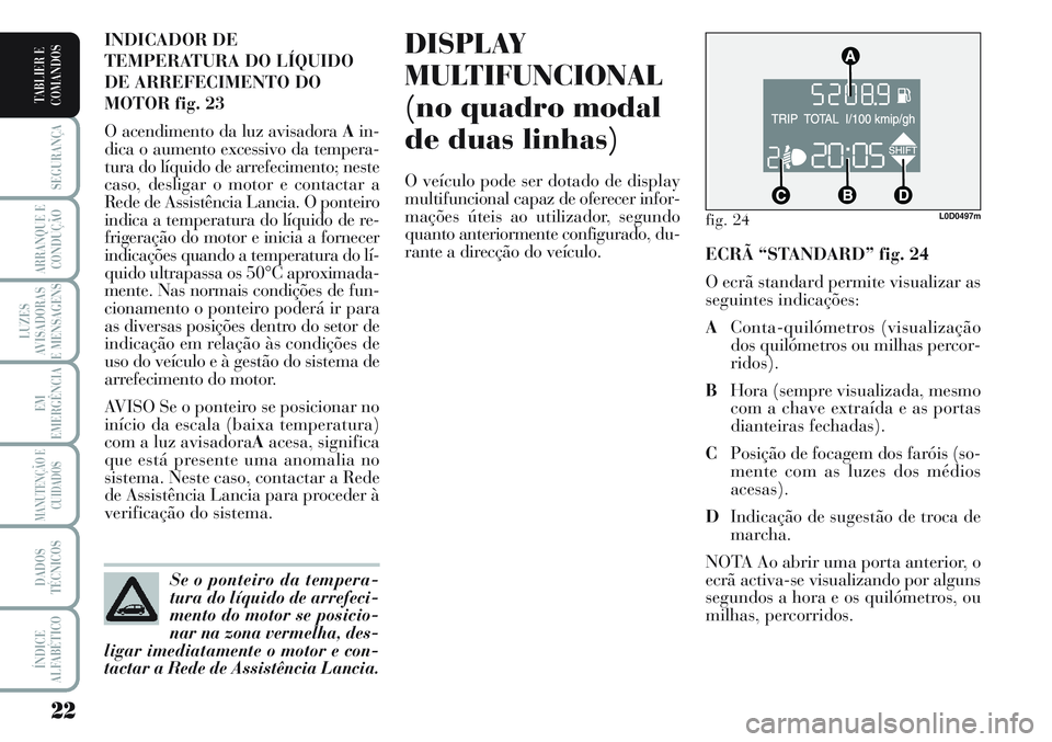 Lancia Musa 2011  Manual de Uso e Manutenção (in Portuguese) 22
SEGURANÇA
ARRANQUE E
CONDUÇÃO
LUZES
AVISADORAS
E MENSAGENS
EM
EMERGÊNCIA
MANUTENÇÃO E
CUIDADOS
DADOS
TÉCNICOS
ÍNDICE
ALFABÉTICO
TABLIER E
COMANDOS
DISPLAY
MULTIFUNCIONAL
(no quadro modal
d