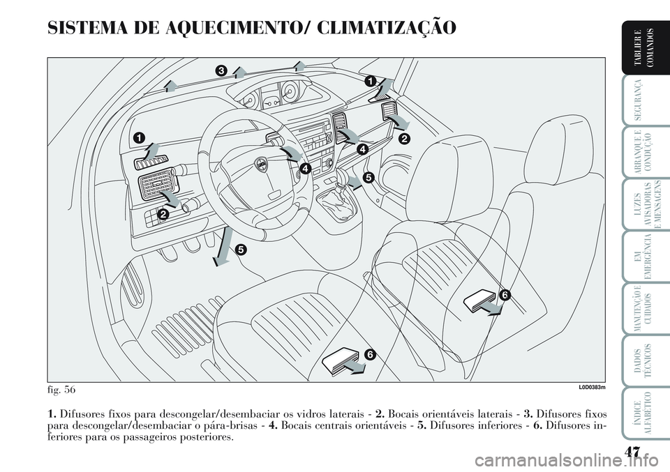 Lancia Musa 2011 Manual de Uso e Manutenção (in Portuguese) 47
SEGURANÇA
ARRANQUE E
CONDUÇÃO
LUZES
AVISADORAS
E MENSAGENS
EM
EMERGÊNCIA
MANUTENÇÃO E
CUIDADOS
DADOS
TÉCNICOS
ÍNDICE
ALFABÉTICO
TABLIER E
COMANDOS
SISTEMA DE AQUECIMENTO/ CLIMATIZAÇÃO
fi Lancia Musa 2011 Manual de Uso e Manutenção (in Portuguese) 47
SEGURANÇA
ARRANQUE E
CONDUÇÃO
LUZES
AVISADORAS
E MENSAGENS
EM
EMERGÊNCIA
MANUTENÇÃO E
CUIDADOS
DADOS
TÉCNICOS
ÍNDICE
ALFABÉTICO
TABLIER E
COMANDOS
SISTEMA DE AQUECIMENTO/ CLIMATIZAÇÃO
fi