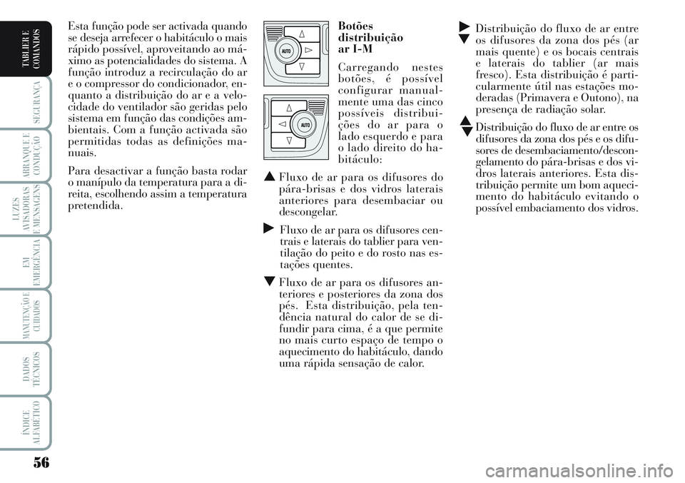 Lancia Musa 2012 Manual de Uso e Manutenção (in Portuguese) 56
SEGURANÇA
ARRANQUE E
CONDUÇÃO
LUZES
AVISADORAS
E MENSAGENS
EM
EMERGÊNCIA
MANUTENÇÃO E
CUIDADOS
DADOS
TÉCNICOS
ÍNDICE
ALFABÉTICO
TABLIER E
COMANDOS
˙
▼Distribuição do fluxo de ar entre Lancia Musa 2012 Manual de Uso e Manutenção (in Portuguese) 56
SEGURANÇA
ARRANQUE E
CONDUÇÃO
LUZES
AVISADORAS
E MENSAGENS
EM
EMERGÊNCIA
MANUTENÇÃO E
CUIDADOS
DADOS
TÉCNICOS
ÍNDICE
ALFABÉTICO
TABLIER E
COMANDOS
˙
▼Distribuição do fluxo de ar entre