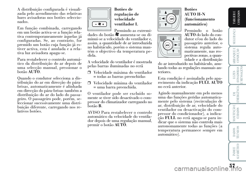 Lancia Musa 2012 Manual de Uso e Manutenção (in Portuguese) 57
SEGURANÇA
ARRANQUE E
CONDUÇÃO
LUZES
AVISADORAS
E MENSAGENS
EM
EMERGÊNCIA
MANUTENÇÃO E
CUIDADOS
DADOS
TÉCNICOS
ÍNDICE
ALFABÉTICO
TABLIER E
COMANDOS
A distribuição configurada é visuali-
Lancia Musa 2012 Manual de Uso e Manutenção (in Portuguese) 57
SEGURANÇA
ARRANQUE E
CONDUÇÃO
LUZES
AVISADORAS
E MENSAGENS
EM
EMERGÊNCIA
MANUTENÇÃO E
CUIDADOS
DADOS
TÉCNICOS
ÍNDICE
ALFABÉTICO
TABLIER E
COMANDOS
A distribuição configurada é visuali-