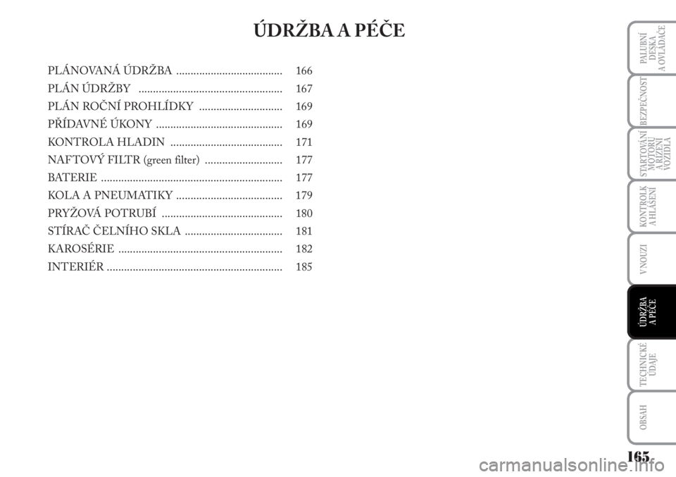 Lancia Musa 2010  Návod k použití a údržbě (in Czech) 165
KONTROLK
A HLÁŠENÍ
TECHNICKÉ
ÚDAJE
OBSAH
PALUBNÍ
DESKA 
A OVLÁDAČE
BEZPEČNOST
STARTOVÁNÍ
MOTORU 
A ŘÍZENÍ
VOZIDLA
V NOUZI
ÚDRŽBA 
A PÉČE 
ÚDRŽBA A PÉČE
PLÁNOVANÁ ÚDRŽBA  