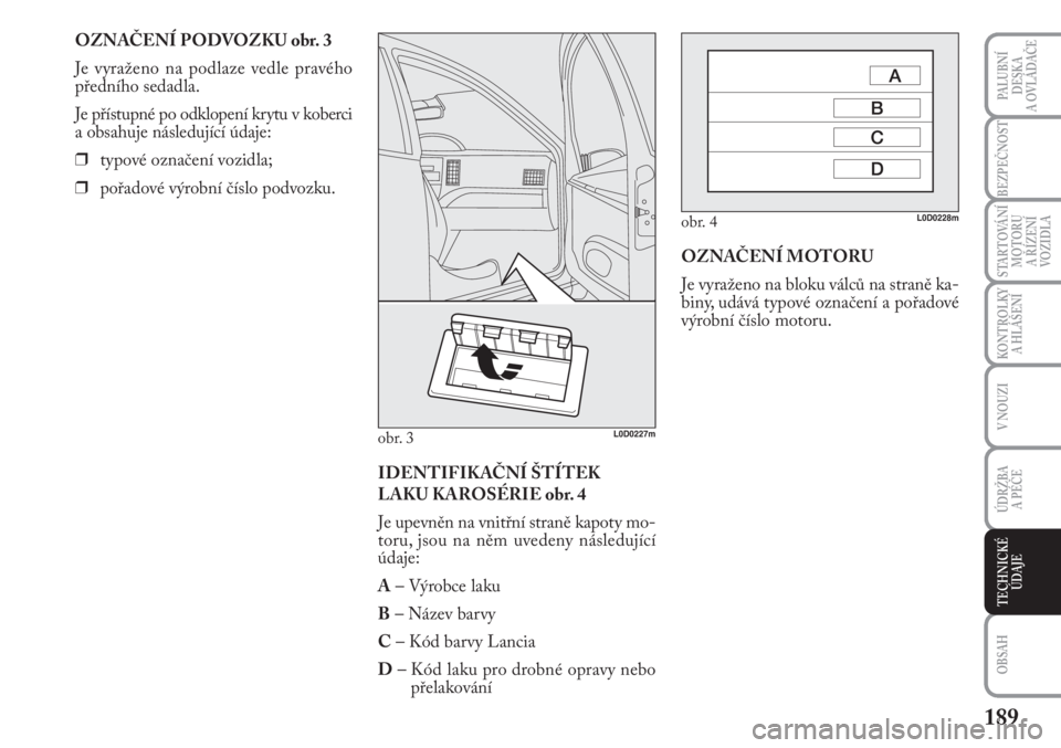 Lancia Musa 2010  Návod k použití a údržbě (in Czech) 189
KONTROLKY
A HLÁŠENÍ
PALUBNÍ
DESKA 
A OVLÁDAČE
BEZPEČNOST
STARTOVÁNÍ
MOTORU 
A ŘÍZENÍ
VOZIDLA
V NOUZI
ÚDRŽBA 
A PÉČE 
OBSAH
TECHNICKÉ
ÚDAJE
OZNAČENÍ PODVOZKU obr. 3
Je vyraženo