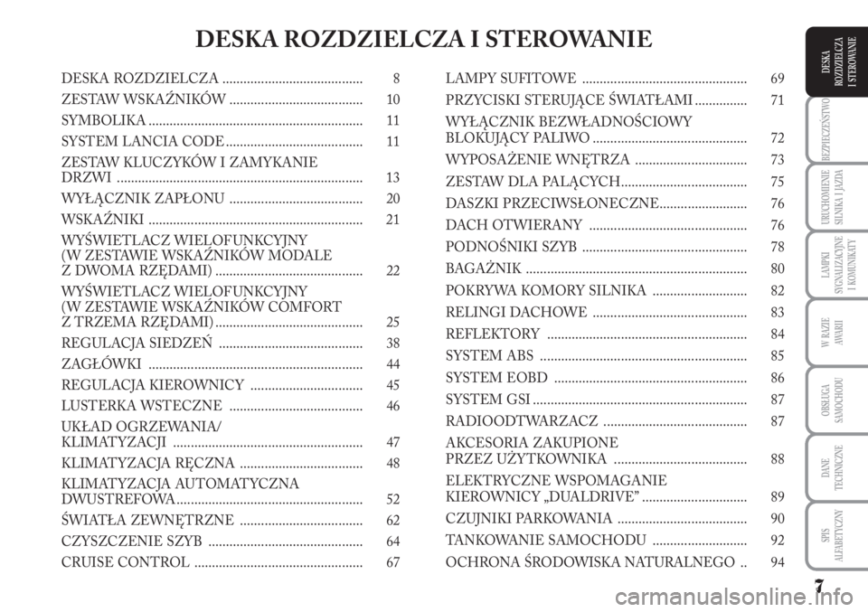 Lancia Musa 2010 Instrukcja obsługi (in Polish) 7
BEZPIECZEŃSTWO
URUCHOMIENIE
SILNIKA I JAZDA
LAMPKI
SYGNALIZACYJNE
I KOMUNIKATY
W RAZIE
AWA R I I
OBSŁUGA
SAMOCHODU
DANE
TECHNICZNE
SPIS
ALFABETYCZNY
DESKA
ROZDZIELCZA
I STEROWANIEDESK Lancia Musa 2010 Instrukcja obsługi (in Polish) 7
BEZPIECZEŃSTWO
URUCHOMIENIE
SILNIKA I JAZDA
LAMPKI
SYGNALIZACYJNE
I KOMUNIKATY
W RAZIE
AWA R I I
OBSŁUGA
SAMOCHODU
DANE
TECHNICZNE
SPIS
ALFABETYCZNY
DESKA
ROZDZIELCZA
I STEROWANIEDESK