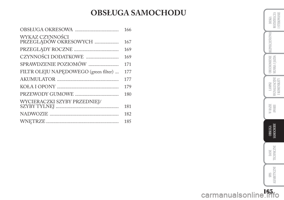 Lancia Musa 2011 Instrukcja obsługi (in Polish) 165
BEZPIECZEŃSTWO
URUCHOMIENIE
SILNIKA I JAZDA
DANE
TECHNICZNE
SPIS
ALFABETYCZNY
DESKA
ROZDZIELCZA
I STEROWANIE
LAMPKI
SYGNALIZACYJNE
I KOMUNIKATY
W RAZIE
AWA R I I
OBSŁUGA
SAMOCHODU
O Lancia Musa 2011 Instrukcja obsługi (in Polish) 165
BEZPIECZEŃSTWO
URUCHOMIENIE
SILNIKA I JAZDA
DANE
TECHNICZNE
SPIS
ALFABETYCZNY
DESKA
ROZDZIELCZA
I STEROWANIE
LAMPKI
SYGNALIZACYJNE
I KOMUNIKATY
W RAZIE
AWA R I I
OBSŁUGA
SAMOCHODU
O