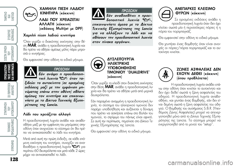 Lancia Musa 2007  ΒΙΒΛΙΟ ΧΡΗΣΗΣ ΚΑΙ ΣΥΝΤΗΡΗΣΗΣ (in Greek) 128
ªE¦EPI¦T¿ªH
A\bA¡KHª
ªY\bTHPHªH
TOY
AYTOKI\bHTOY
TE\f\bIKEª
¦PO¢IA¡PA¼Eª
EYPETHPIO
TAM¦¤O
KAI
E¤E¡\fOI
ªYªKEYEª
Aª¼A¤EIAª
ª¿ªTH\fPHªH
TOY
AYTOKI\bHTOY
¦ÄOEI¢O¦OIH