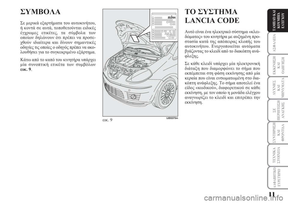 Lancia Musa 2011 ΒΙΒΛΙΟ ΧΡΗΣΗΣ ΚΑΙ ΣΥΝΤΗΡΗΣΗΣ (in Greek) ΑΣΦΑΛΕΙΑ
ΕΚΚΙΝΗΣΗ
ΚΑΙ
ΟΔΗΓΗΣΗ
ΛΥΧΝΙΕΣ
ΚΑΙ
ΜΗΝΥΜΑΤΑ
ΣΕ
ΠΕΡΙΠΤΩΣΗ
ΑΝΑΓΚΗΣ
ΣΥΝΤΗΡΗΣΗ
ΚΑΙ
ΦΡΟΝΤΙΔΑ
ΑΛΦΑΒΗΤΙΚΌ
Ε Lancia Musa 2011 ΒΙΒΛΙΟ ΧΡΗΣΗΣ ΚΑΙ ΣΥΝΤΗΡΗΣΗΣ (in Greek) ΑΣΦΑΛΕΙΑ
ΕΚΚΙΝΗΣΗ
ΚΑΙ
ΟΔΗΓΗΣΗ
ΛΥΧΝΙΕΣ
ΚΑΙ
ΜΗΝΥΜΑΤΑ
ΣΕ
ΠΕΡΙΠΤΩΣΗ
ΑΝΑΓΚΗΣ
ΣΥΝΤΗΡΗΣΗ
ΚΑΙ
ΦΡΟΝΤΙΔΑ
ΑΛΦΑΒΗΤΙΚΌ
Ε