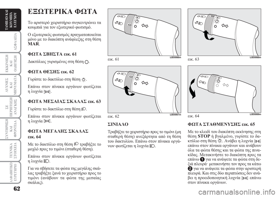 Lancia Musa 2011 ΒΙΒΛΙΟ ΧΡΗΣΗΣ ΚΑΙ ΣΥΝΤΗΡΗΣΗΣ (in Greek) ΑΣΦΑΛΕΙΑ
ΕΚΚΙΝΗΣΗ
ΚΑΙ
ΟΔΗΓΗΣΗ
ΛΥΧΝΙΕΣ
ΚΑΙ
ΜΗΝΥΜΑΤΑ
ΣΕ
ΠΕΡΙΠΤΩΣΗ
ΑΝΑΓΚΗΣ
ΣΥΝΤΗΡΗΣΗ
ΚΑΙ
ΦΡΟΝΤΙΔΑ
ΑΛΦΑΒΗΤΙΚΌ
Ε Lancia Musa 2011 ΒΙΒΛΙΟ ΧΡΗΣΗΣ ΚΑΙ ΣΥΝΤΗΡΗΣΗΣ (in Greek) ΑΣΦΑΛΕΙΑ
ΕΚΚΙΝΗΣΗ
ΚΑΙ
ΟΔΗΓΗΣΗ
ΛΥΧΝΙΕΣ
ΚΑΙ
ΜΗΝΥΜΑΤΑ
ΣΕ
ΠΕΡΙΠΤΩΣΗ
ΑΝΑΓΚΗΣ
ΣΥΝΤΗΡΗΣΗ
ΚΑΙ
ΦΡΟΝΤΙΔΑ
ΑΛΦΑΒΗΤΙΚΌ
Ε