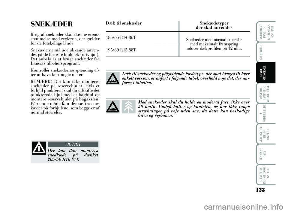 Lancia Musa 2010 Brugs- og vedligeholdelsesvejledning (in Danish) 123
KONTROL -
LAMPER OG
MEDDELELSER
I
NØDTILFÆLDE
VEDLIGEHOL -
DEL SE
OG PLEJE
TEKNISKE
DATA
ALFABETISK
INDHOLDSFOR -
TEGNELSE
INSTRUMENT -
PANEL OG
BETJENINGS-
KNAPPER
SIKKERHED
START
OG KØRSEL
Lancia Musa 2010 Brugs- og vedligeholdelsesvejledning (in Danish) 123
KONTROL -
LAMPER OG
MEDDELELSER
I
NØDTILFÆLDE
VEDLIGEHOL -
DEL SE
OG PLEJE
TEKNISKE
DATA
ALFABETISK
INDHOLDSFOR -
TEGNELSE
INSTRUMENT -
PANEL OG
BETJENINGS-
KNAPPER
SIKKERHED
START
OG KØRSEL