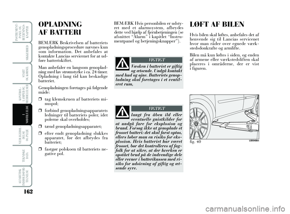 Lancia Musa 2010 Brugs- og vedligeholdelsesvejledning (in Danish) 162
VEDLIGEHOL -
DEL SE
OG PLEJE
TEKNISKE
DATA
ALFABETISK
INDHOLDSFOR -
TEGNELSE
INSTRUMENT -
PANEL OG
BETJENINGS-
KNAPPER
SIKKERHED
START
OG KØRSEL
KONTROL -
LAMPER OG
MEDDELELSER
I
NØDTILFÆLDE
Lancia Musa 2010 Brugs- og vedligeholdelsesvejledning (in Danish) 162
VEDLIGEHOL -
DEL SE
OG PLEJE
TEKNISKE
DATA
ALFABETISK
INDHOLDSFOR -
TEGNELSE
INSTRUMENT -
PANEL OG
BETJENINGS-
KNAPPER
SIKKERHED
START
OG KØRSEL
KONTROL -
LAMPER OG
MEDDELELSER
I
NØDTILFÆLDE