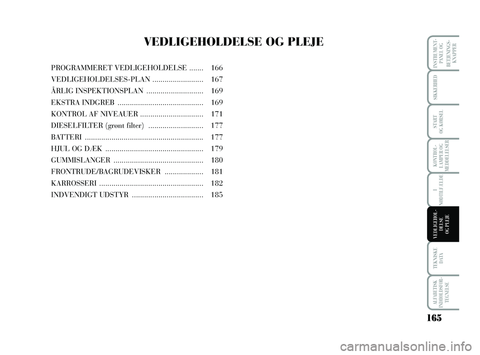 Lancia Musa 2010 Brugs- og vedligeholdelsesvejledning (in Danish) 165
ALFABETISK
INDHOLDSFOR -
TEGNELSE
SIKKERHED
START
OG KØRSEL
I
NØDTILFÆLDE
TEKNISKE
DATA
INSTRUMENT -
PANEL OG
BETJENINGS-
KNAPPER
KONTROL -
LAMPER OG
MEDDELELSER
VEDLIGEHOL -
DEL SE
OG PLEJE Lancia Musa 2010 Brugs- og vedligeholdelsesvejledning (in Danish) 165
ALFABETISK
INDHOLDSFOR -
TEGNELSE
SIKKERHED
START
OG KØRSEL
I
NØDTILFÆLDE
TEKNISKE
DATA
INSTRUMENT -
PANEL OG
BETJENINGS-
KNAPPER
KONTROL -
LAMPER OG
MEDDELELSER
VEDLIGEHOL -
DEL SE
OG PLEJE