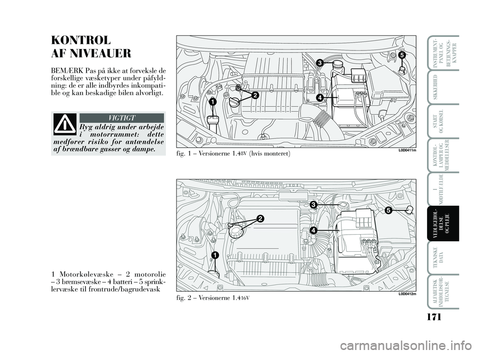 Lancia Musa 2010 Brugs- og vedligeholdelsesvejledning (in Danish) 171
ALFABETISK
INDHOLDSFOR -
TEGNELSE
SIKKERHED
START
OG KØRSEL
I
NØDTILFÆLDE
TEKNISKE
DATA
INSTRUMENT -
PANEL OG
BETJENINGS-
KNAPPER
KONTROL -
LAMPER OG
MEDDELELSER
VEDLIGEHOL -
DEL SE
OG PLEJE Lancia Musa 2010 Brugs- og vedligeholdelsesvejledning (in Danish) 171
ALFABETISK
INDHOLDSFOR -
TEGNELSE
SIKKERHED
START
OG KØRSEL
I
NØDTILFÆLDE
TEKNISKE
DATA
INSTRUMENT -
PANEL OG
BETJENINGS-
KNAPPER
KONTROL -
LAMPER OG
MEDDELELSER
VEDLIGEHOL -
DEL SE
OG PLEJE