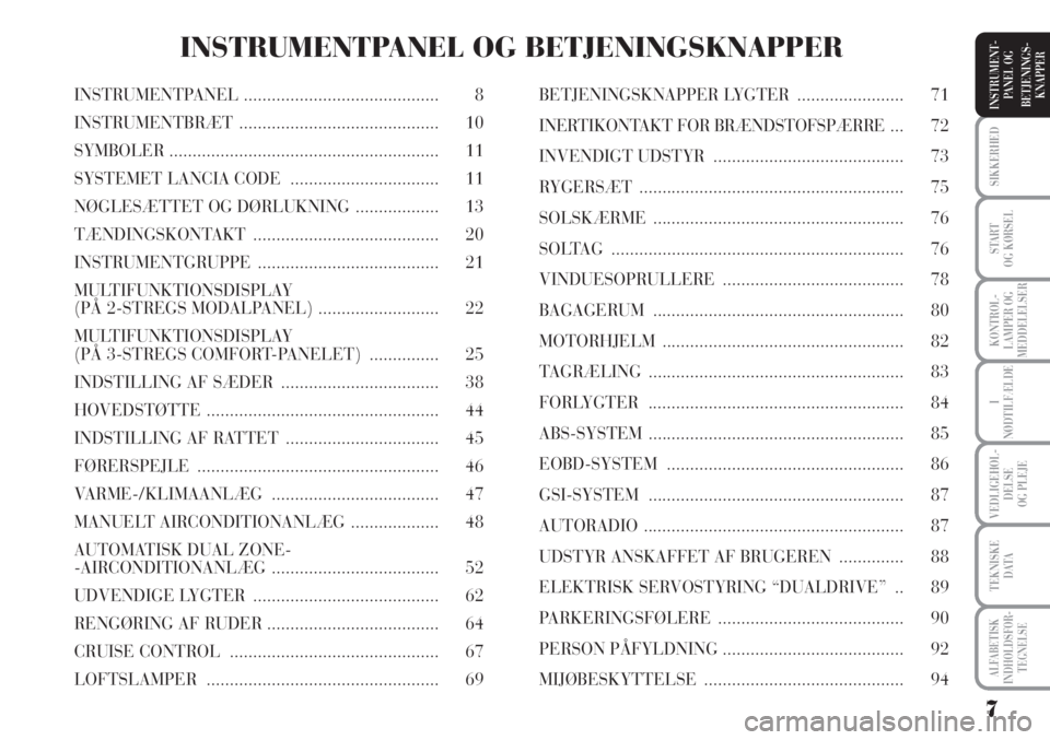 Lancia Musa 2012  Brugs- og vedligeholdelsesvejledning (in Danish) 7
ALFABETISK
INDHOLDSFOR -
TEGNELSE
SIKKERHED
START 
OG KØRSEL
KONTROL-
LAMPER OG
MEDDELELSER
I
NØDTILFÆLDE
VEDLIGEHOL-
DELSE
OG PLEJE
TEKNISKE
DATA
INSTRUMENT-
PANEL OG
BETJENINGS-
KNAPPERINSTRUME
