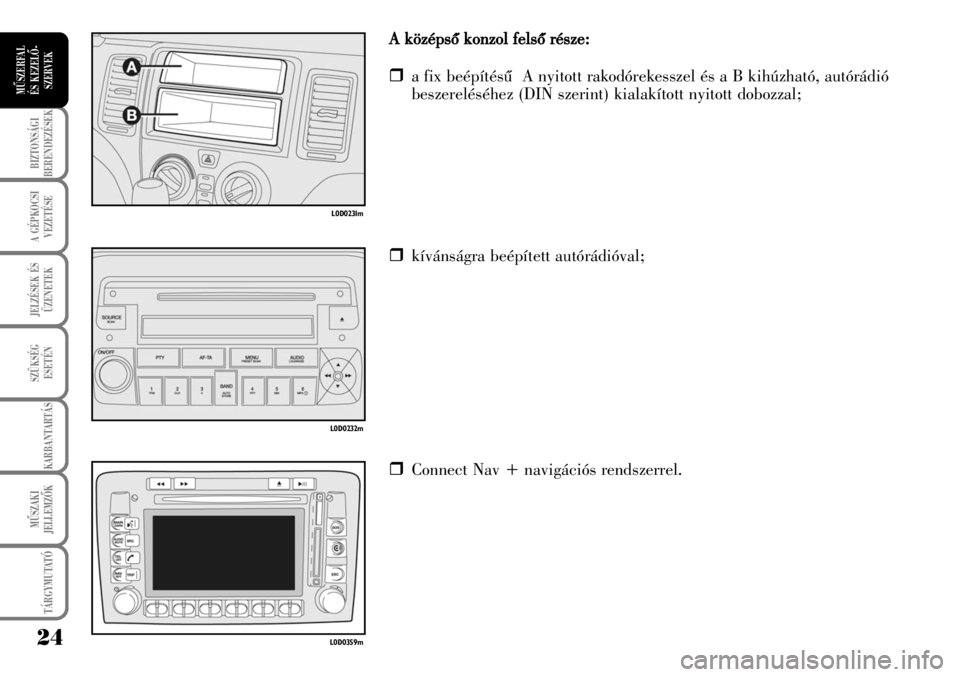 Lancia Musa 2009  Kezelési és karbantartási útmutató (in Hungarian) A kközépsõ kkonzol ffelsõ rrésze:
�ˆa fix beépítésû  A nyitott rakodórekesszel és a B kihúzható, autórádió
beszereléséhez (DIN szerint) kialakított nyitott dobozzal;
�ˆkívánság