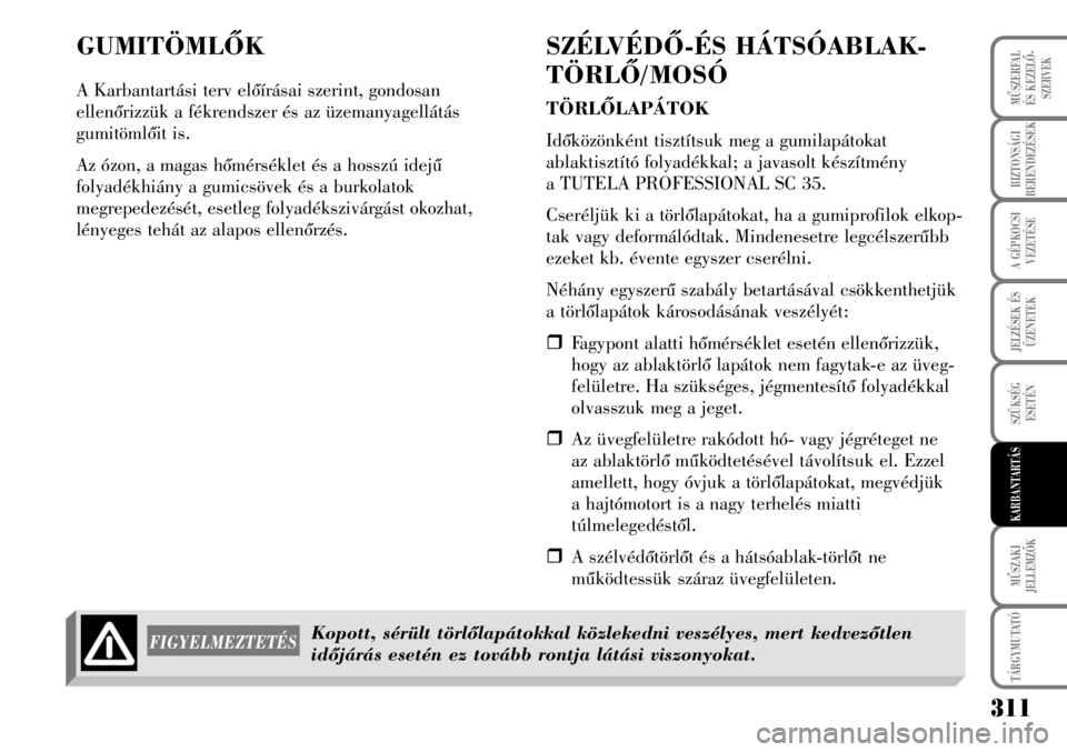 Lancia Musa 2007  Kezelési és karbantartási útmutató (in Hungarian) GUMITÖMLÕK
A Karbantartási terv elõírásai szerint, gondosan
ellenõrizzük a fékrendszer és az üzemanyagellátás
gumitömlõit is.
Az ózon, a magas hõmérséklet és a hosszú idejû
folya