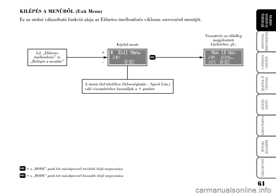 Lancia Musa 2009  Kezelési és karbantartási útmutató (in Hungarian) 61
BIZTONSÁGI
BERENDEZÉSEK
A GÉPKOCSI
VEZETÉSE
TÁRGYMUTATÓ
JELZÉSEK ÉS
ÜZENETEK
SZÜKSÉG
ESETÉN
KARBANTARTÁS
MÛSZAKI
JELLEMZÕK
MÛSZERFAL 
ÉS KEZELÕ-
SZERVEK
KILÉPÉS A MENÜBÕL (Exi