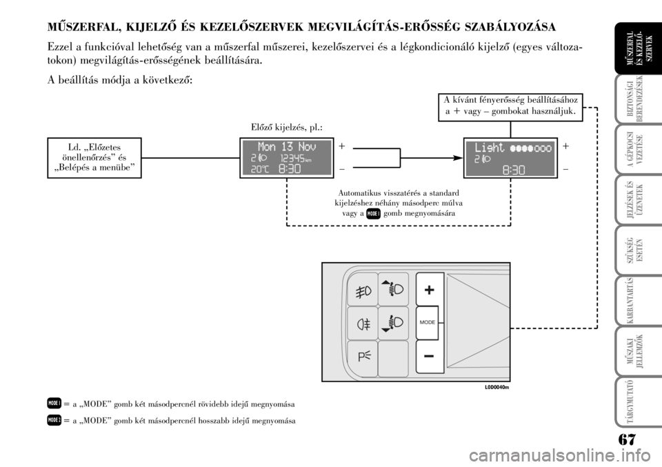 Lancia Musa 2009  Kezelési és karbantartási útmutató (in Hungarian) 67
BIZTONSÁGI
BERENDEZÉSEK
A GÉPKOCSI
VEZETÉSE
TÁRGYMUTATÓ
JELZÉSEK ÉS
ÜZENETEK
SZÜKSÉG
ESETÉN
KARBANTARTÁS
MÛSZAKI
JELLEMZÕK
MÛSZERFAL 
ÉS KEZELÕ-
SZERVEK
MÛSZERFAL, KIJELZÕ ÉS K